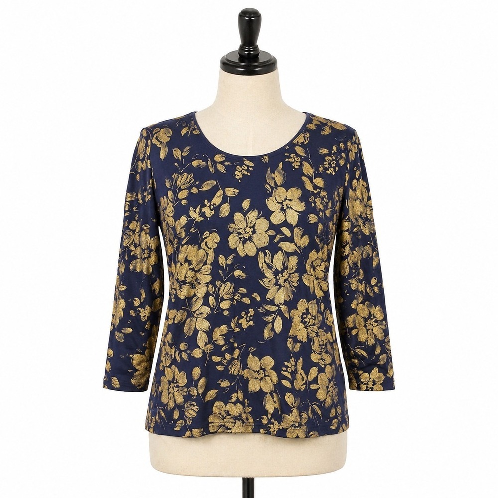 Karen Scott Women PL Navy Blue Gold Floral 3/4 Sleeve Knit Top Plus Petite